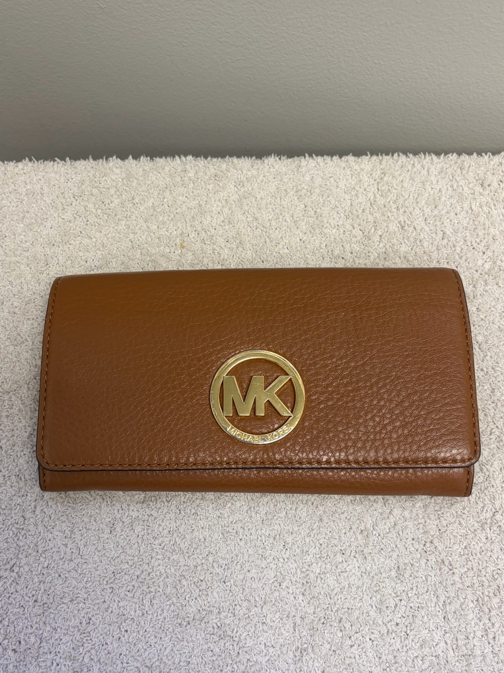 Michael Kors Cognac Pebbled Leather MK Logo Continental Wallet